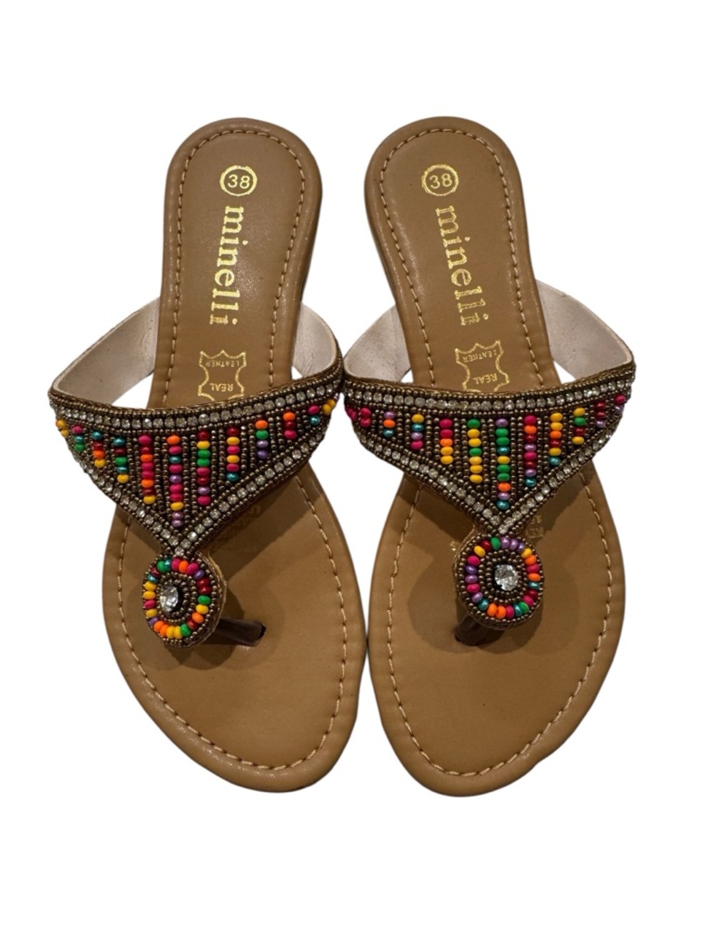 NEVER USED / Minelli Tan Leather Sandals with Multicolor Beads - Size 7-7.5